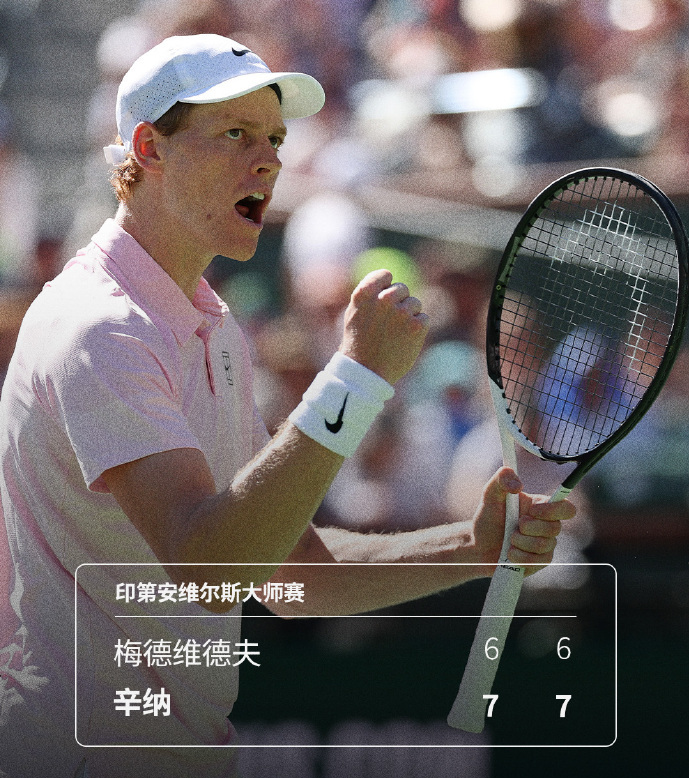 开云-2-0!辛纳4连胜梅总 首夺印第安维尔斯冠军 次盘抢七0-4后连扳7分